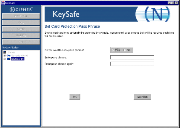 nCipher KeySafe utility displaying the Set Card Protection Pass Phrase window